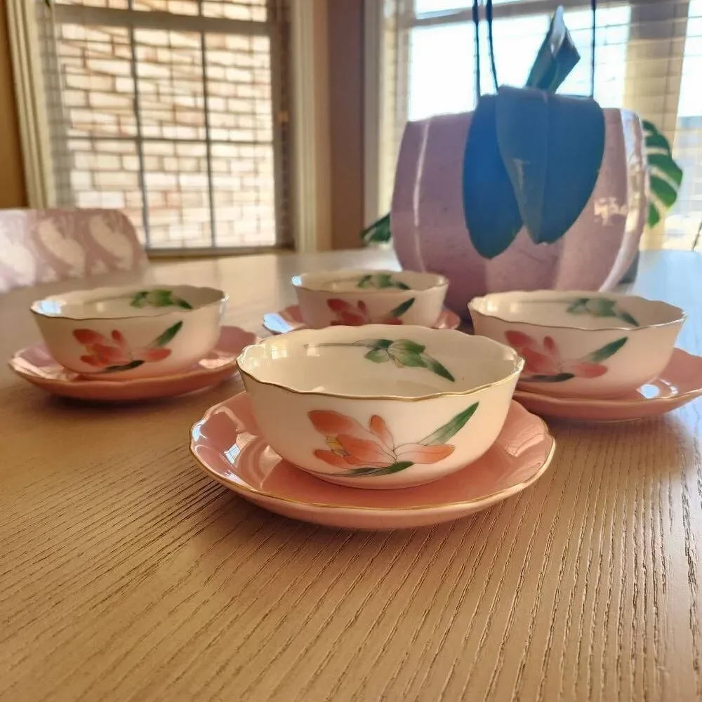 Vintage Japanese Arita ware dessert custard cups pastel cream pink floral set of
